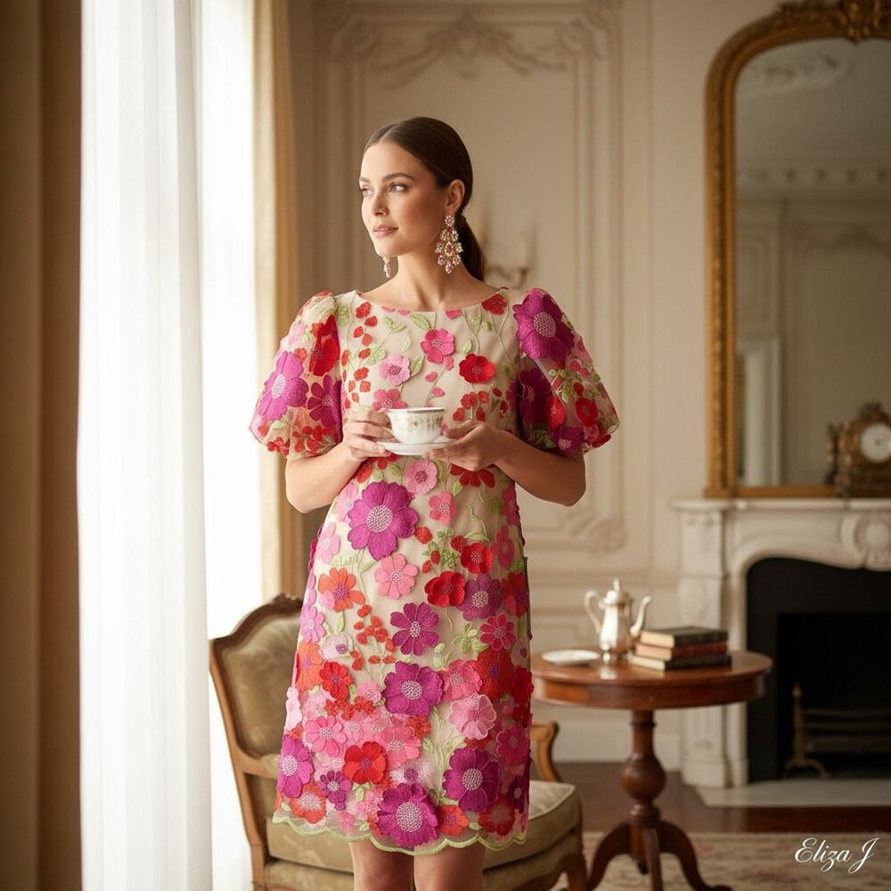 Eliza J Pink Multi 3D Floral Appliqué Embroidered Dress Size 12P NWT Zip Closure